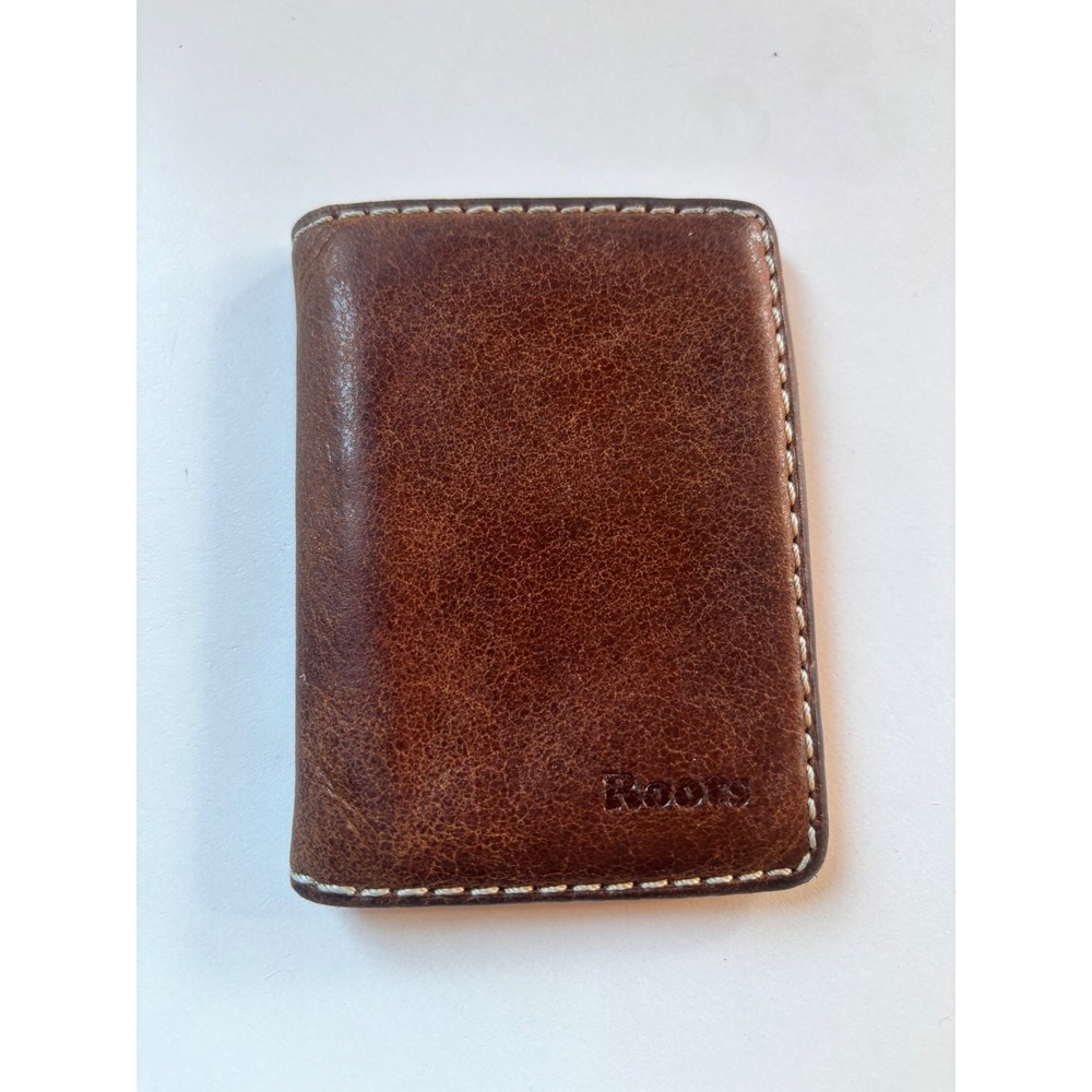 Roots Genuine Leather Bifold Wallet Brown Contrast Stitching Card Holder